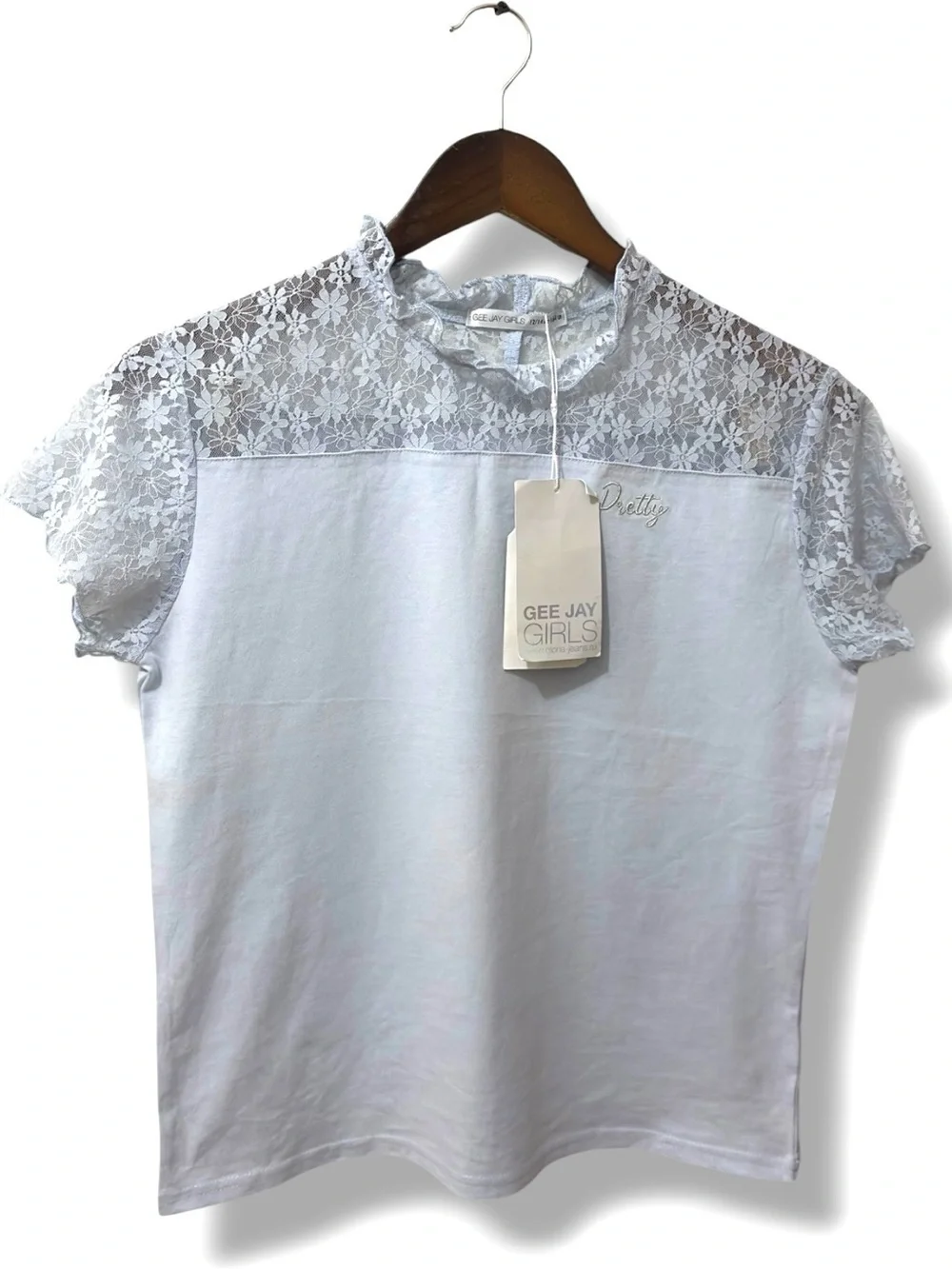Gee Jay Girls | NWT 100% Cotton Light Blue Lace Yoke Top Ruffle Neck Tee (12–14Y